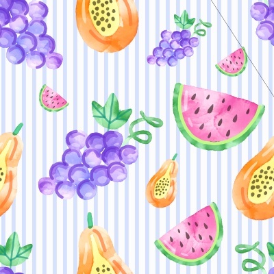 Papel de parede ou tecido com padrão de frutas coloridas aquareladas sobre fundo riscado