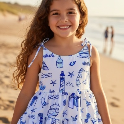 Vestido branco com estampados azuis de motivos marítimos e nomes portugueses, usado por criança sorridente na praia.