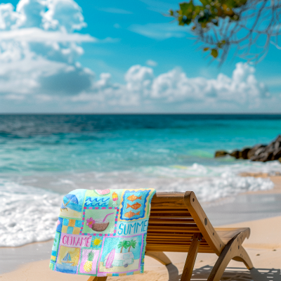 Toalha de praia colorida pendurada em espreguiçadeira de madeira na praia