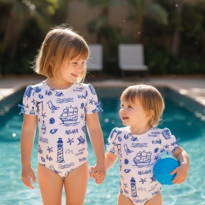 Dois fatos de banho infantis brancos com estampados azuis náuticos usados por duas crianças junto a piscina.