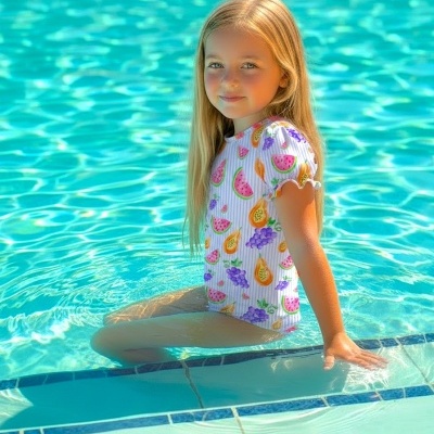 Menina com fato de banho estampado sentado na borda da piscina