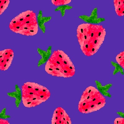 Padrão de morangos pintados em aquarela sobre fundo roxo