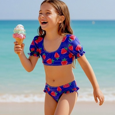 Fato de banho de duas peças azul com padrão de morangos vermelhos e folhas verdes usado por criança numa praia