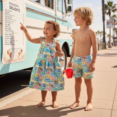 Crianças junto a carrinho de gelados com roupas coloridas de verão