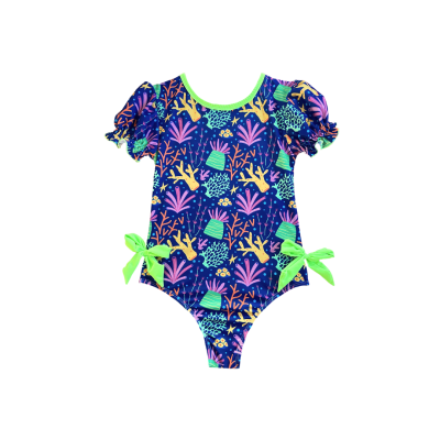 Fato de banho colorido para criança com mangas franzidas e laços verdes