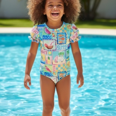 Fato de banho infantil estampado com desenhos de verão e palavras, junto à piscina azul