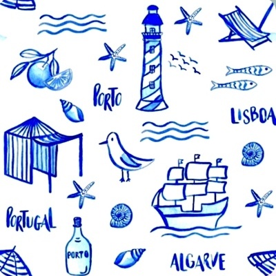 Ilustrações azuis de elementos marítimos e símbolos portugueses