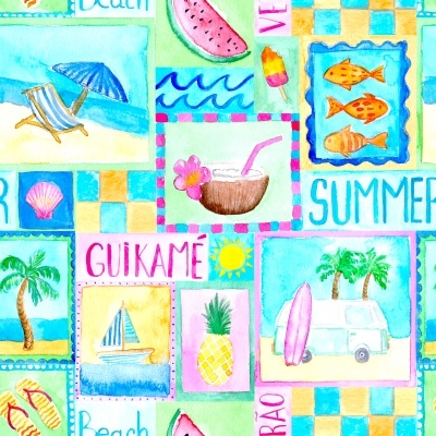 Ilustração aquarela colorida com tema de praia e verão incluindo objetos e palavras em inglês.