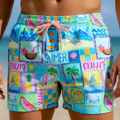 Calções de banho coloridos com padrão de verão e cordões rosas na cintura