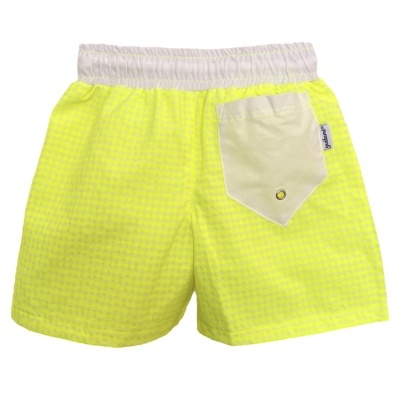 Calções de banho amarelos com cós e bolso branco e padrão xadrez