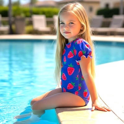 Menina loira com fato de banho azul estampado de morangos sentada à beira de piscina