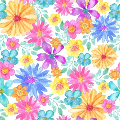 Padrão floral em aguarela com flores coloridas e folhas verdes