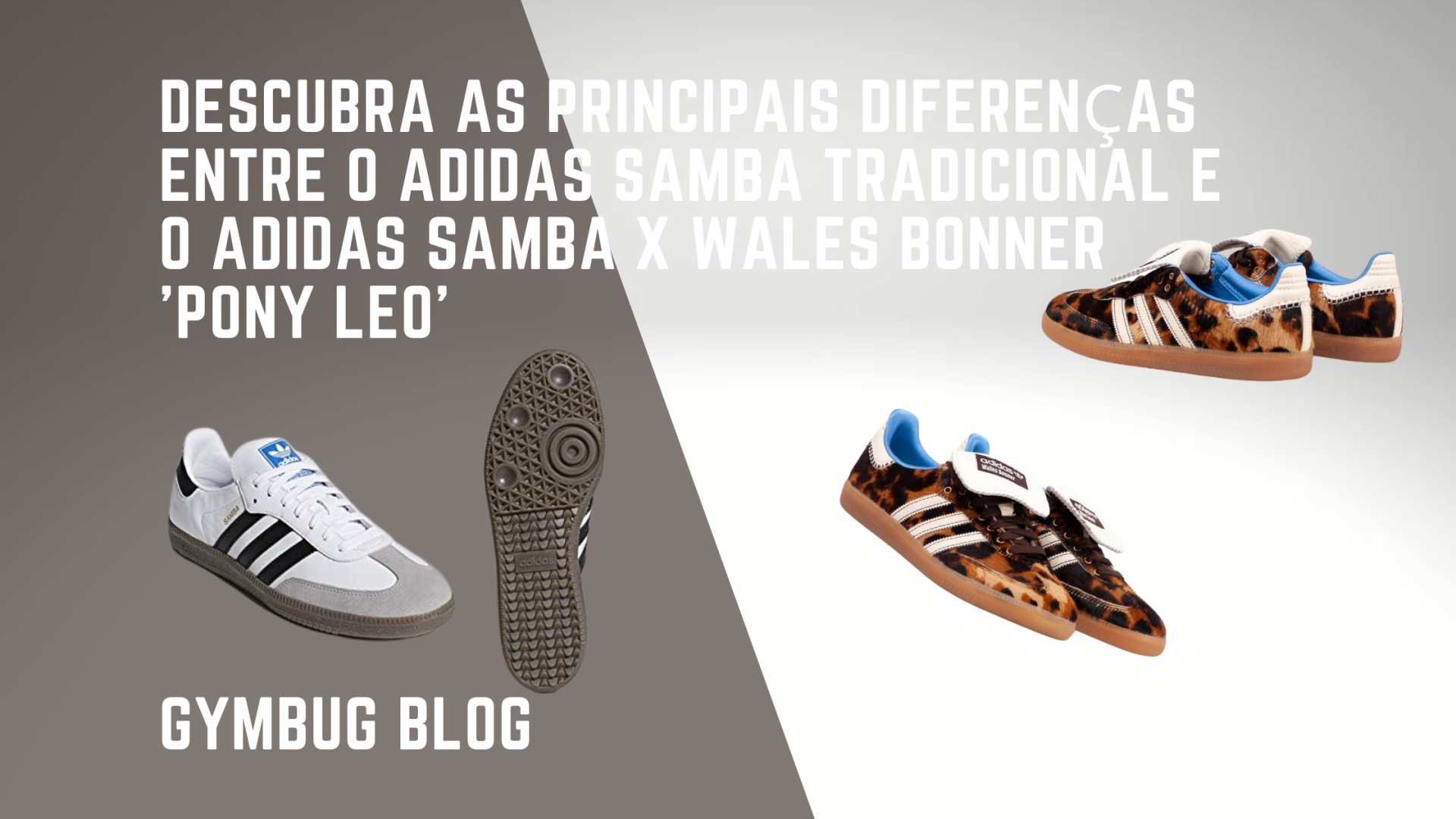 Comparação de dois modelos Adidas Samba com texto em português