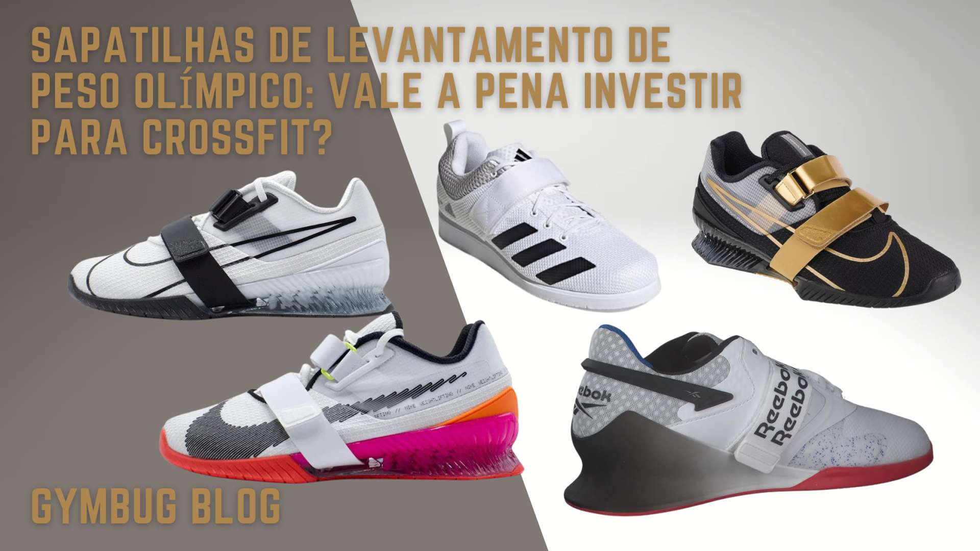 Cinco modelos de sapatilhas para levantamento de peso com velcro e o texto sobre investimento para CrossFit
