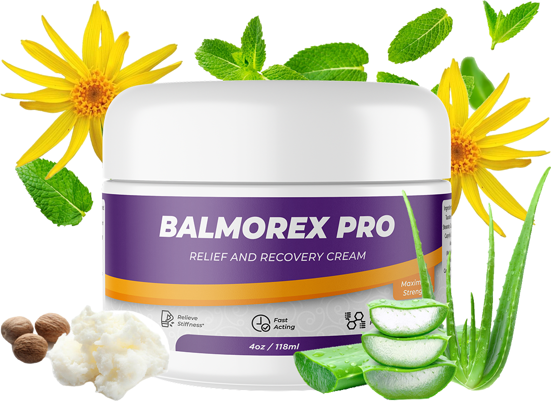 Frasco de creme BALMOREX PRO com ingredientes naturais ao redor