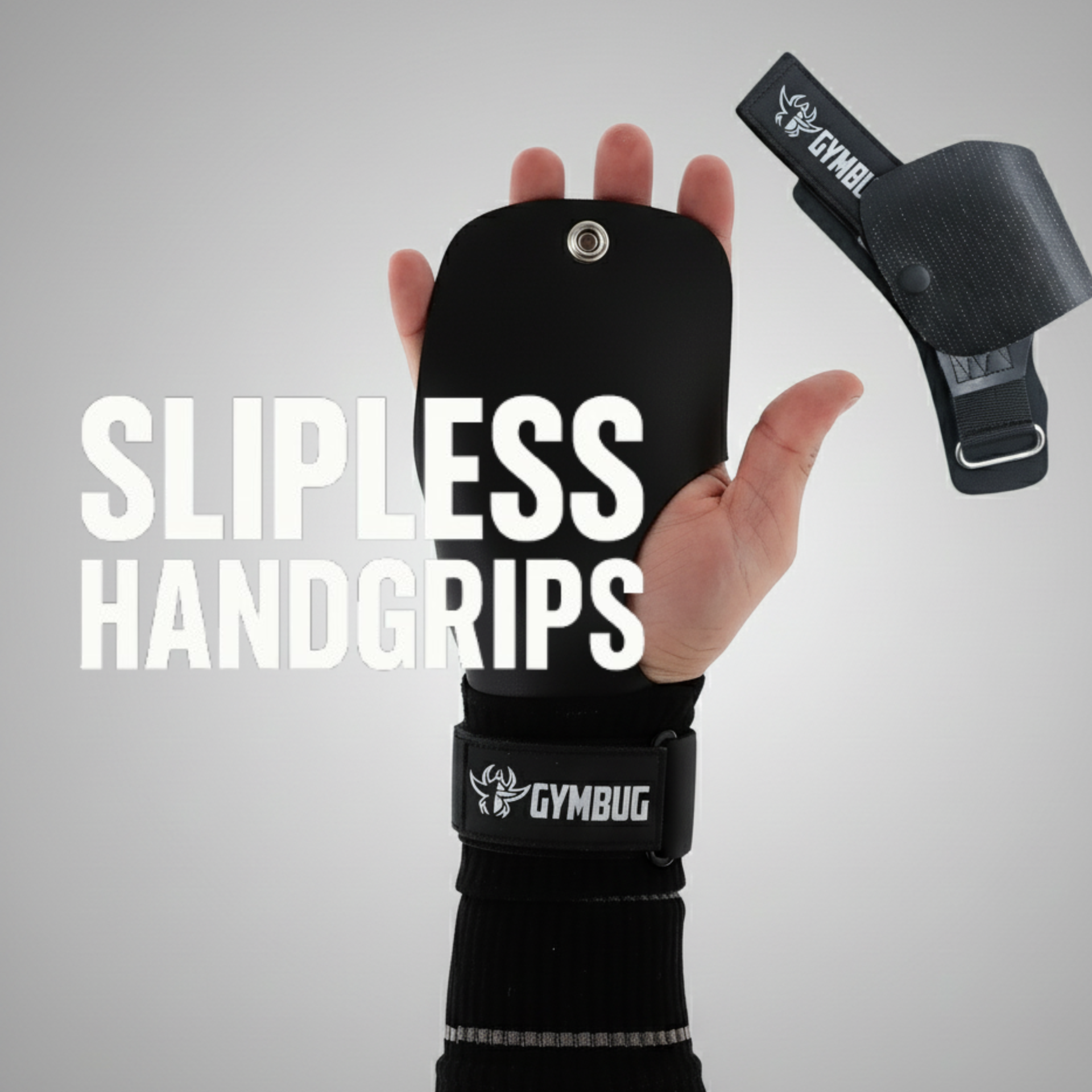 Cinta desportiva preta com palma antiderrapante e texto GYMBUG