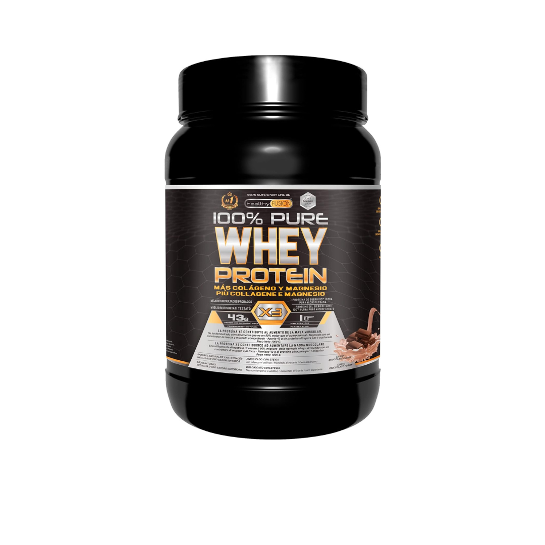 Frasco preto de suplemento 100% PURE WHEY PROTEIN com texto em espanhol