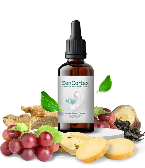 Frasco de ZenCortex com ingredientes naturais ao redor