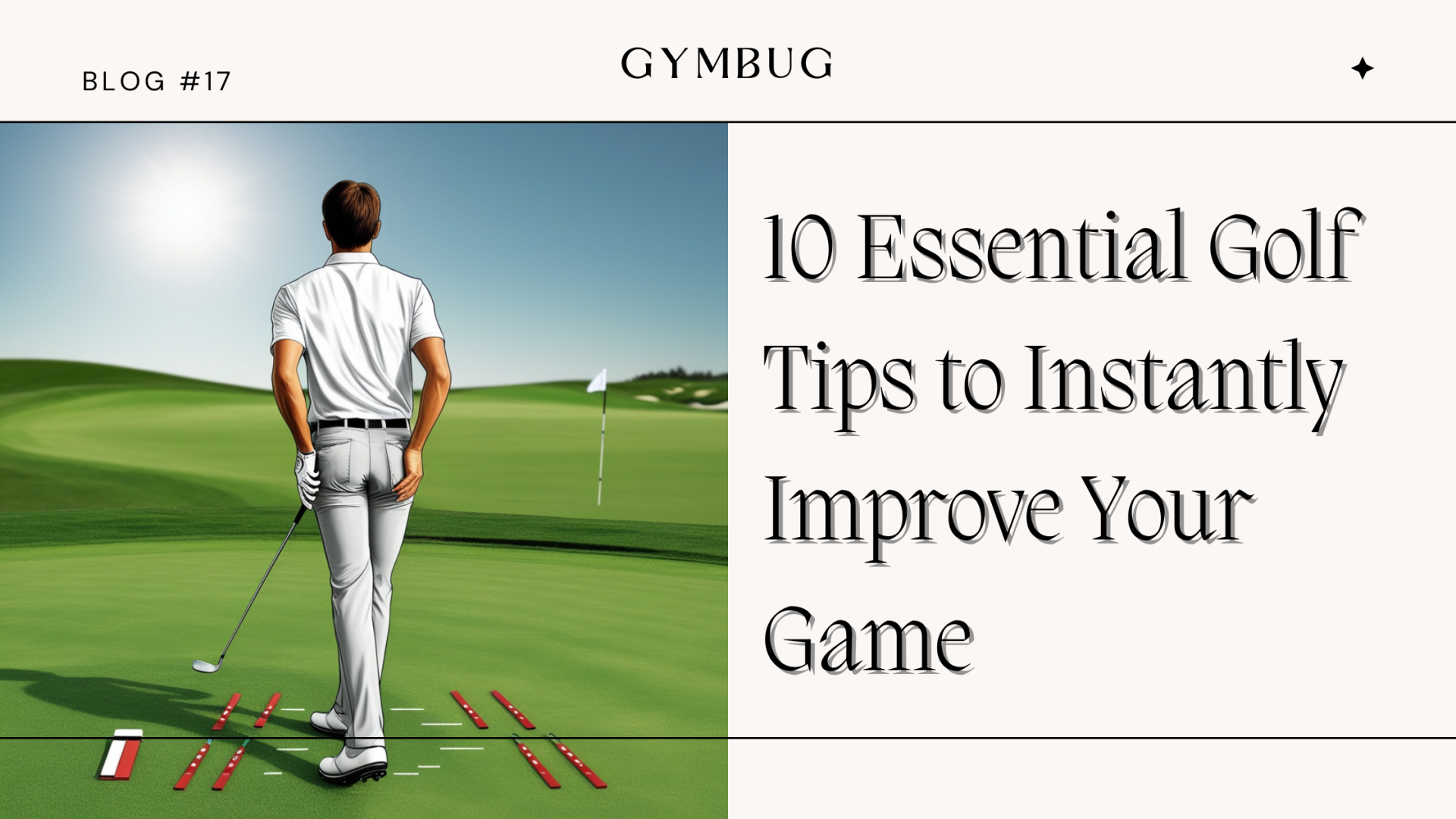 Homem num campo de golfe com texto sobre dicas de golfe