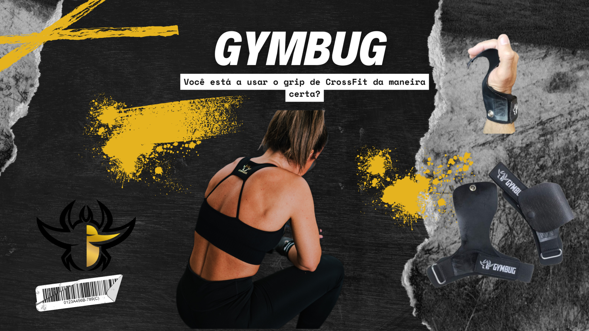 Anúncio de grips para CrossFit com imagem de mulher a usar e texto explicativo em português.