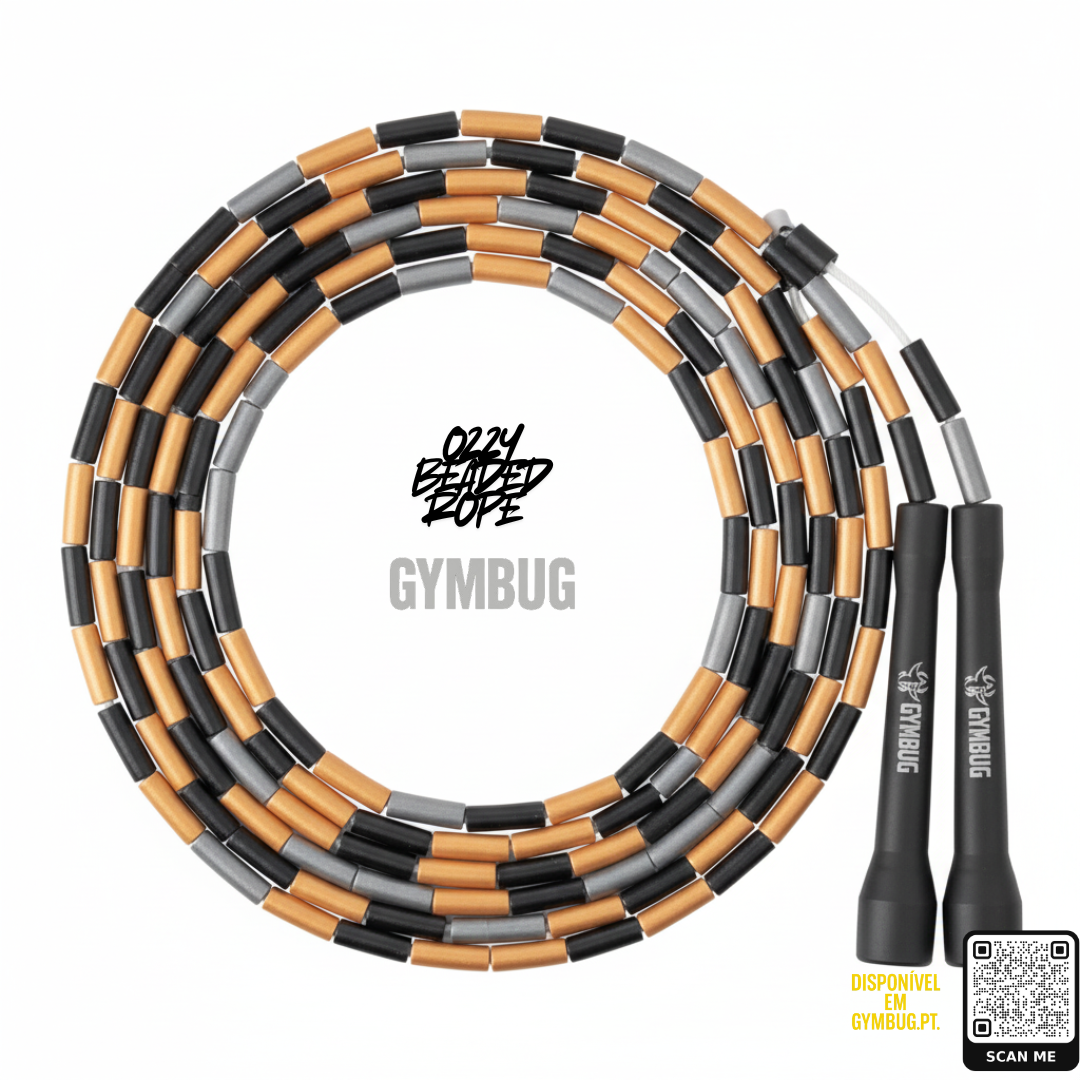 Corda de salto com contas em preto, cinzento e castanho e cabos pretos com logótipo