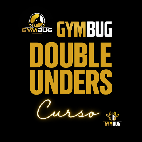 Logotipo GYMBUG e texto promocional GYMBUG DOUBLE UNDERS Curso em fundo preto