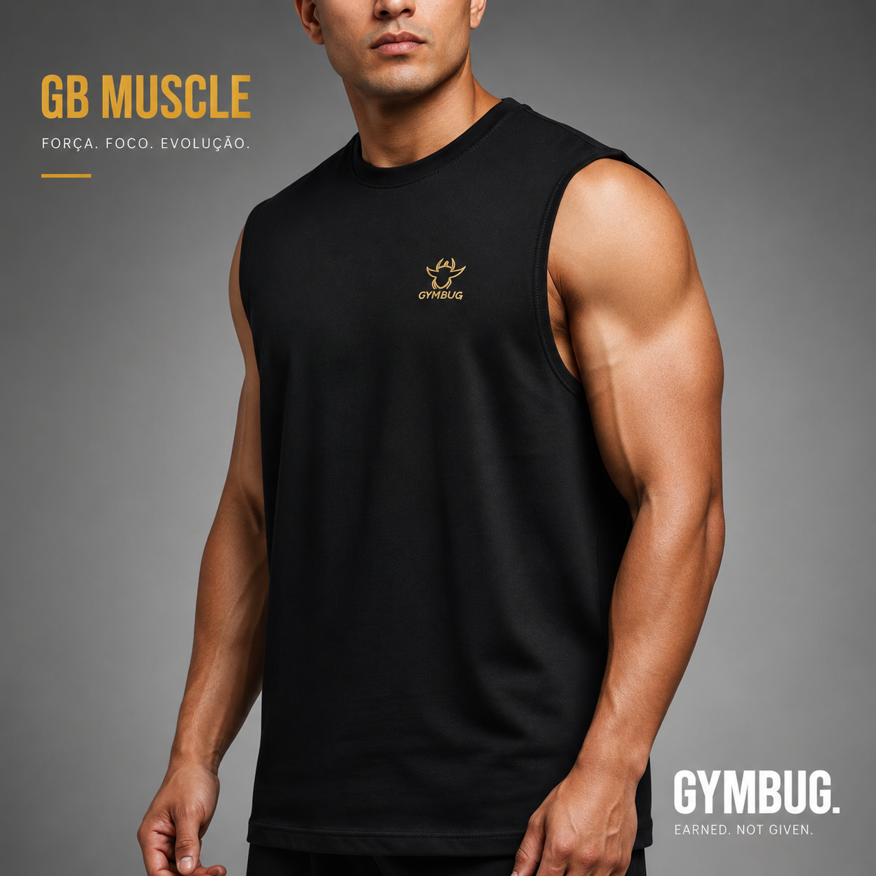 Camisola preta sem mangas GYMBUG em homem musculado com fundo cinzento