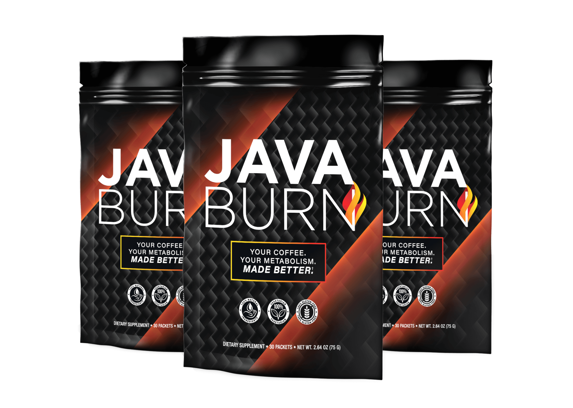 Pacotes pretos de café JAVA BURN com texto branco e laranja