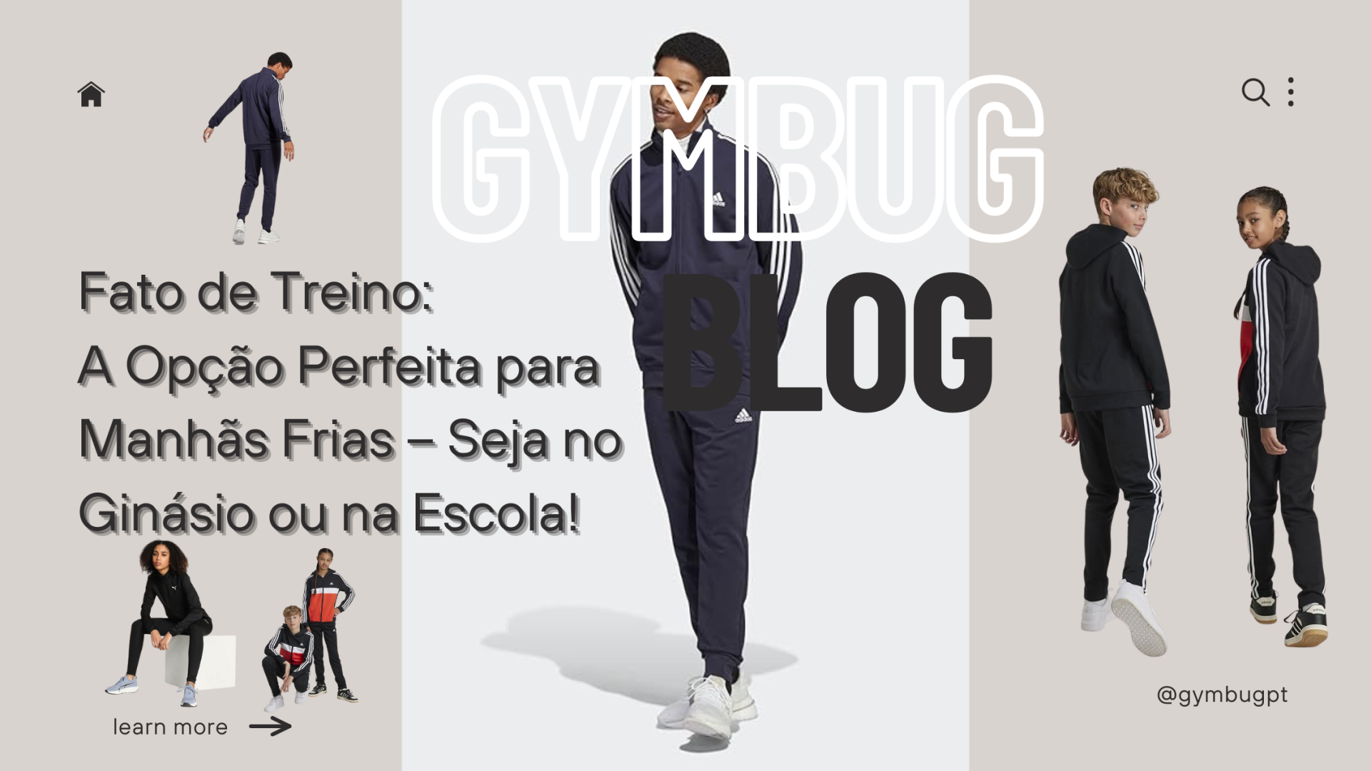 Modelos com fatos de treino em cores escuras com texto promocional sobre fatos de treino para manhãs frias