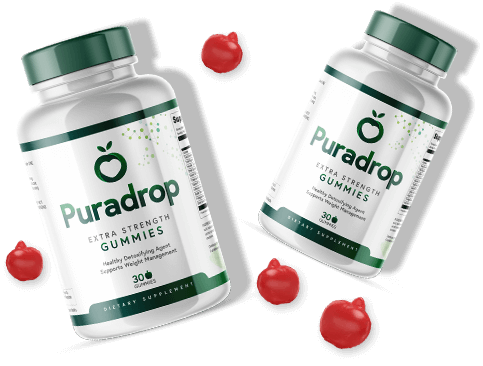 Frascos de Puradrop Extra Strength Gummies com gomas vermelhas ao redor
