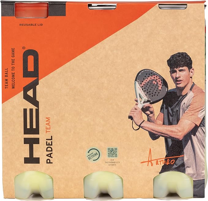 Caixa de bolas de padel HEAD PADEL TEAM com imagem de jogador e tampa reutiliz e1vel