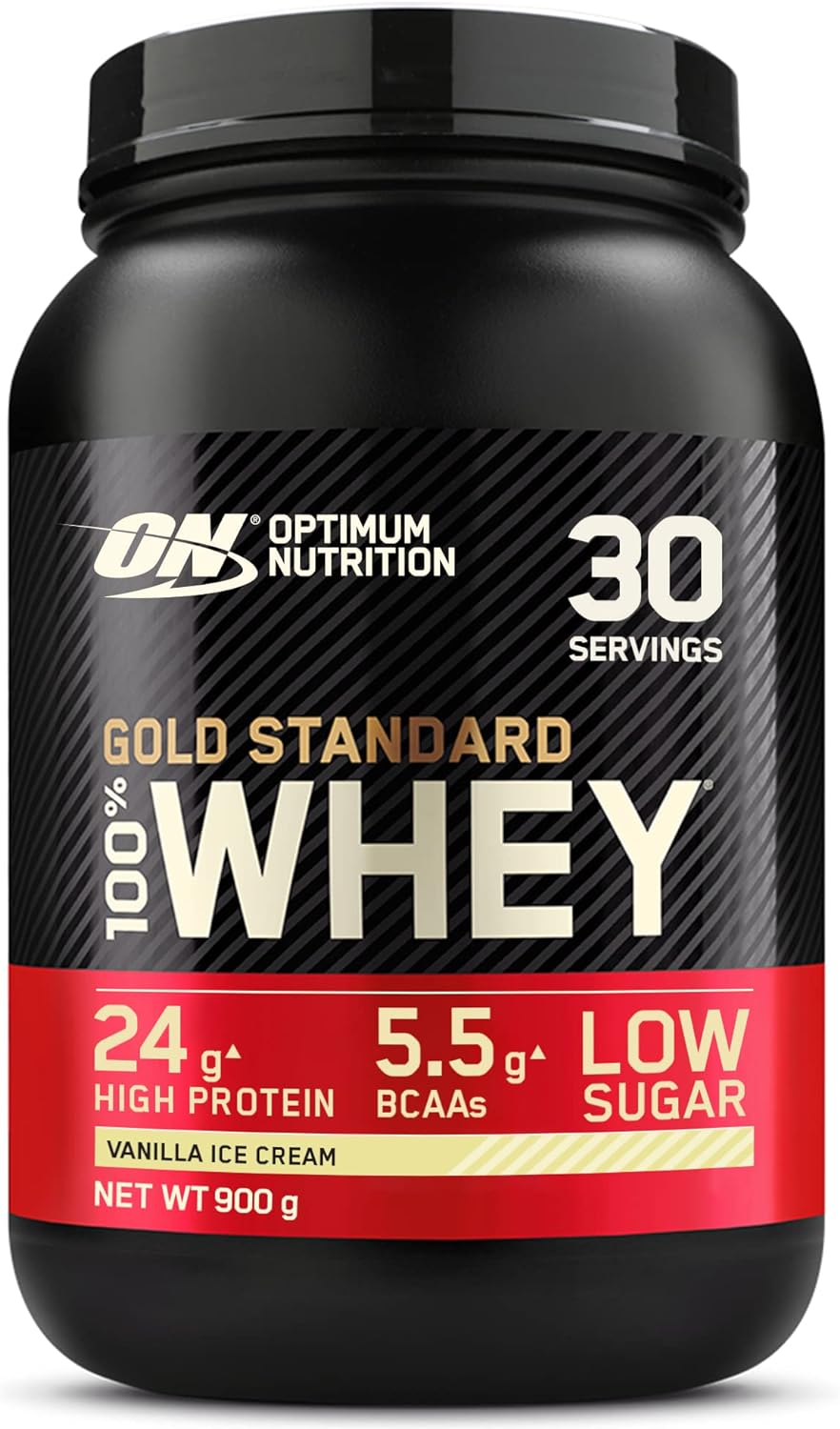 Frasco preto de suplemento alimentar Optimum Nutrition Whey Vanilla Ice Cream