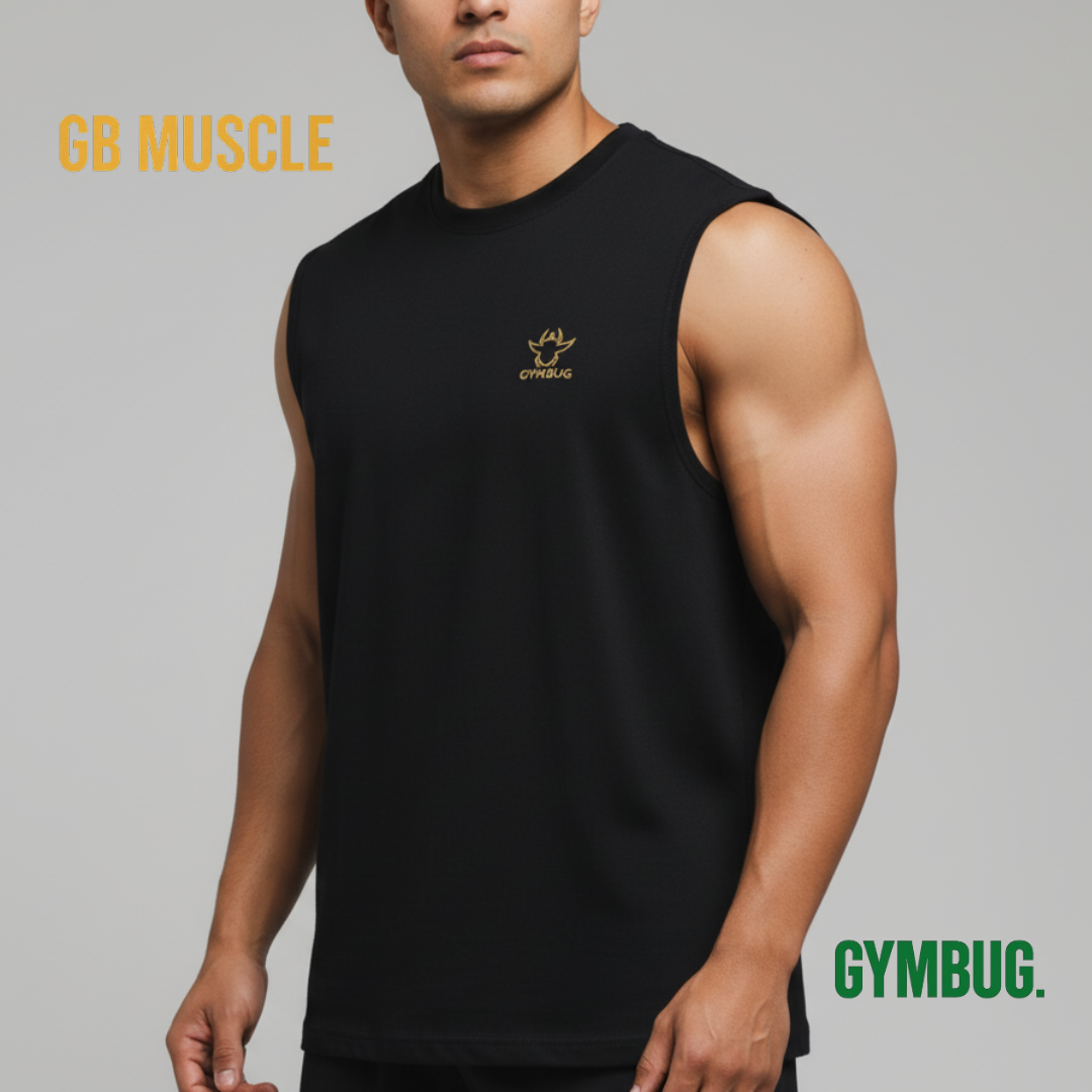 Camisola preta sem mangas para fitness com logótipo amarelo GYMBUG em fundo cinzento