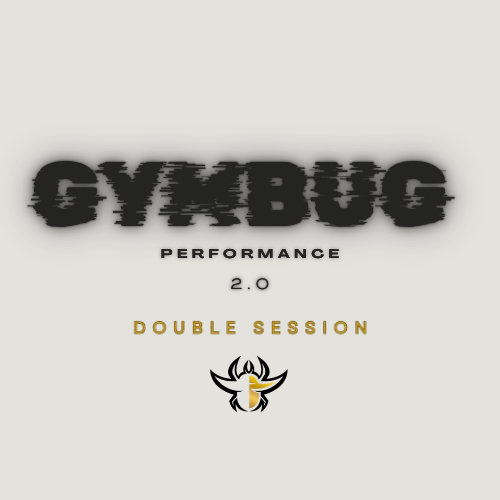 Logótipo GYMBUG PERFORMANCE 2.0 DOUBLE SESSION com símbolo de inseto em fundo branco