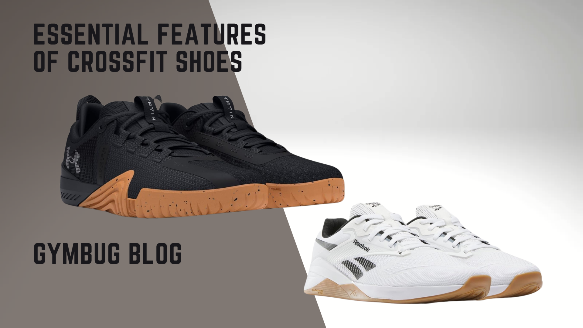 Dois pares de sapatilhas de CrossFit preto e branco com sola castanha, texto promocional ao fundo.