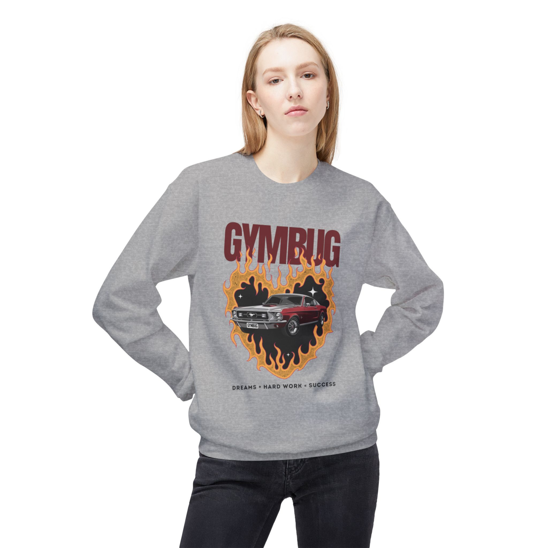 Sweatshirt cinzenta com estampa de carro e texto GYMBRUG