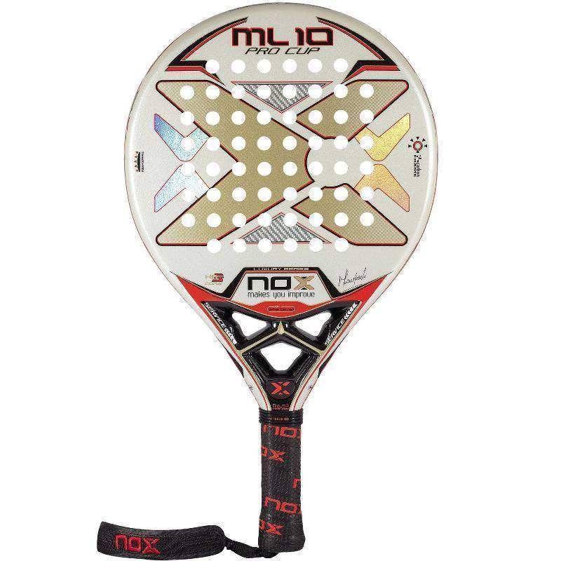 Raquete de padel branca e dourada com cabo preto e vermelho