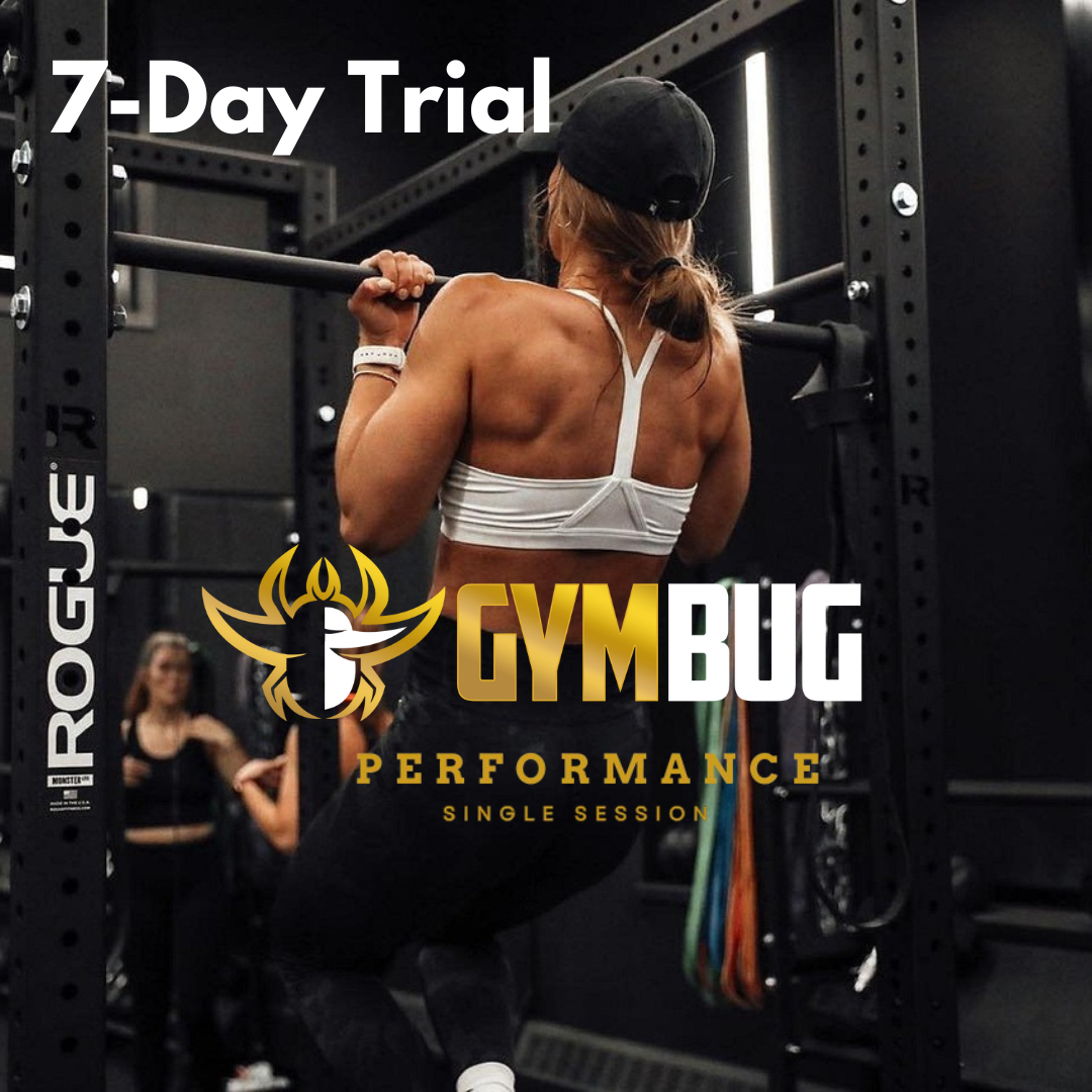 Mulher a fazer pull-up numa barra de treino com logótipos e texto promocional