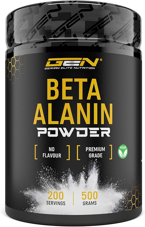 Pote preto de suplemento Beta Alanin em pó da marca German Elite Nutrition com design amarelo, branco e preto.