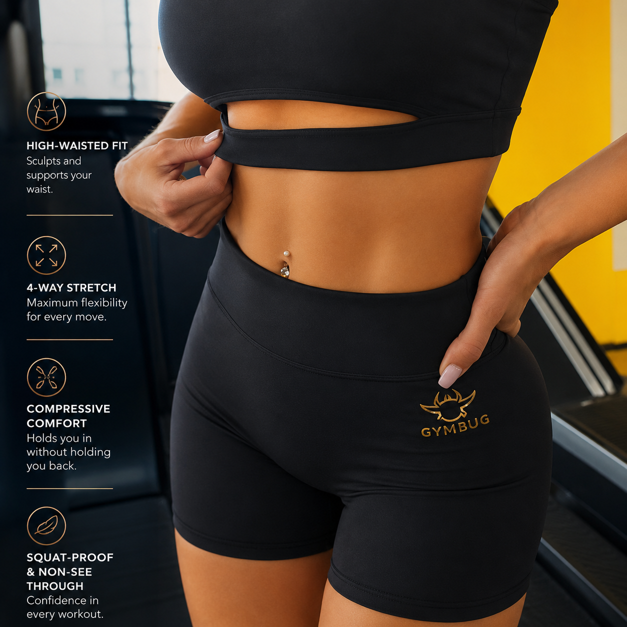 Roupa desportiva preta com top cropped e calções justos com logótipo GYMBUG.