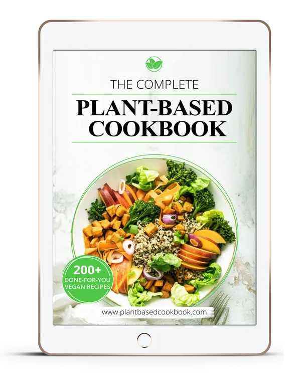 Capa digital de livro de receitas à base de plantas num tablet branco