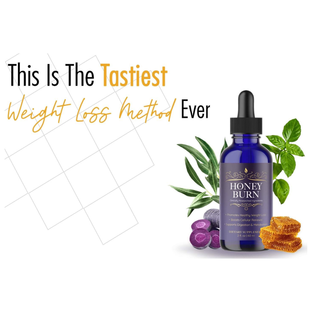 Frasco azul escuro com conta-gotas Honey Burn ao lado de fatias de raiz roxa, folhas verdes e favo de mel, com texto promocional ao fundo