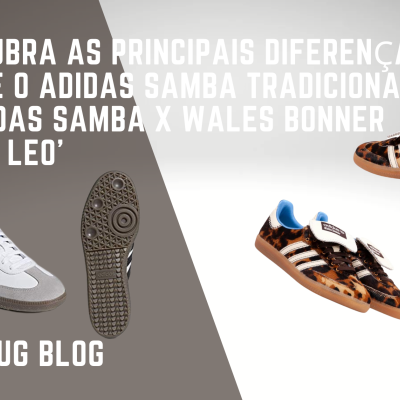 Comparação de dois modelos Adidas Samba com texto em português