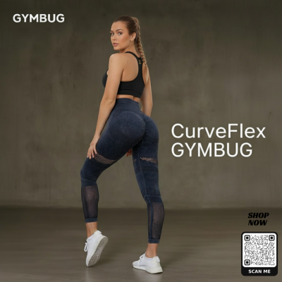 Mulher com roupa desportiva preta e azul escuro com padrão, em fundo cinzento, com texto e código QR