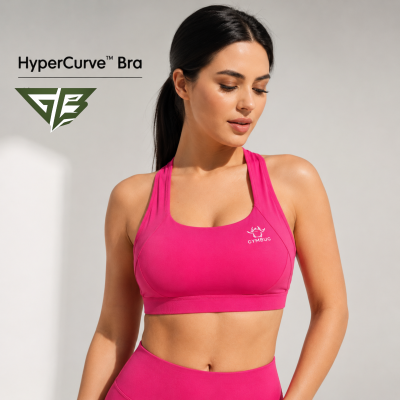 Top desportivo cor-de-rosa com logotipo GYMBUG e texto HyperCurve™ Bra no fundo cinzento