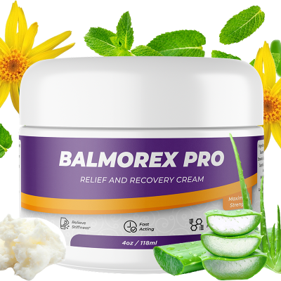 Frasco de creme BALMOREX PRO com ingredientes naturais ao redor