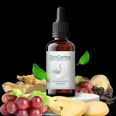 Frasco de ZenCortex com ingredientes naturais ao redor