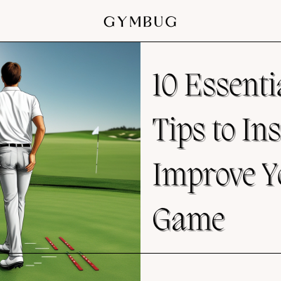 Homem num campo de golfe com texto sobre dicas de golfe