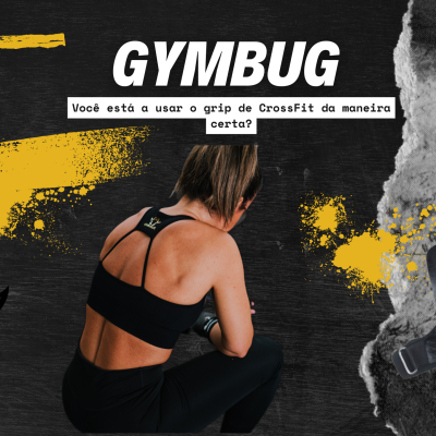 Anúncio de grips para CrossFit com imagem de mulher a usar e texto explicativo em português.