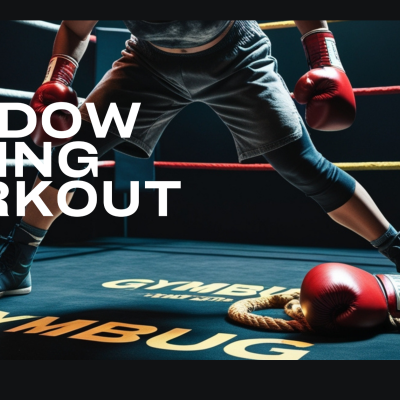 Pugilista com luvas vermelhas num ringue de boxe, texto SHADOW BOXING WORKOUT e GYMBUG BLOG